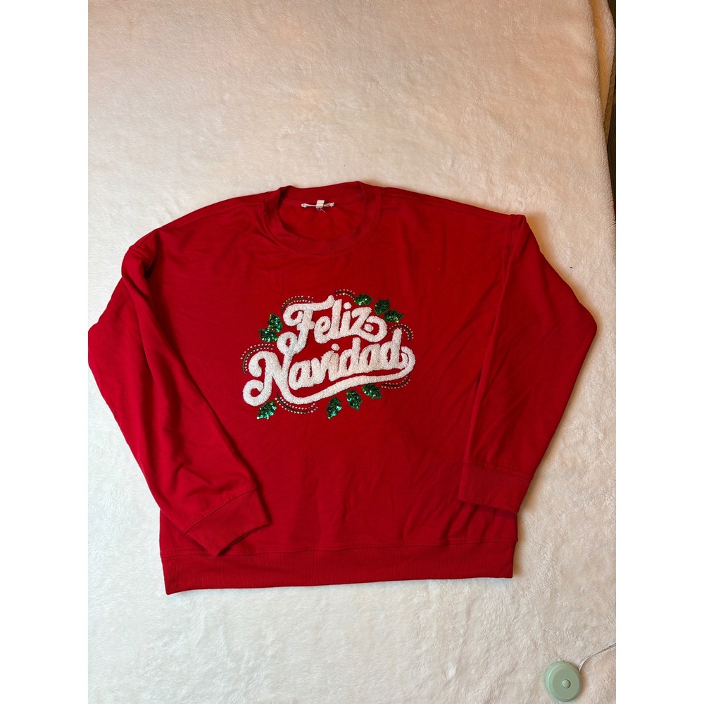 Workshop Republic Clothing Feliz Navidad Red Sequin Chenille Sweatshirt Large
